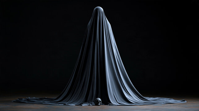 Creepy ghost silhouette with skull in dark cloth creating eerie atmosphere ideal for Halloween themed headings and advertising materials, with copy space