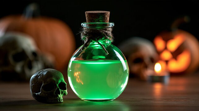 Glowing green potion bottle rests among eerie skulls and carved pumpkin on dark background, ideal for Halloween or spooky themed events, evoking mystery and magic, with copy space