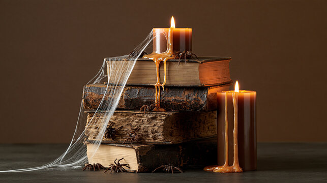Stack of old, dusty books adorned with cobwebs, spiders, glowing candles, symbolizes mystery, ancient knowledge, Halloween, or cozy fall evenings, with copy space