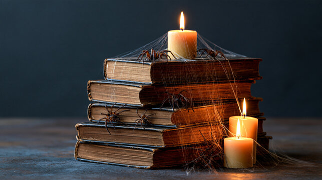 Stack of old, dusty books adorned with cobwebs, spiders, glowing candles, symbolizes mystery, ancient knowledge, Halloween, or cozy fall evenings, with copy space