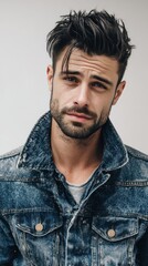 Obraz premium Male Fashion Model Portrait in Denim Jacket Photo. Fictional Character Created by Generative AI.