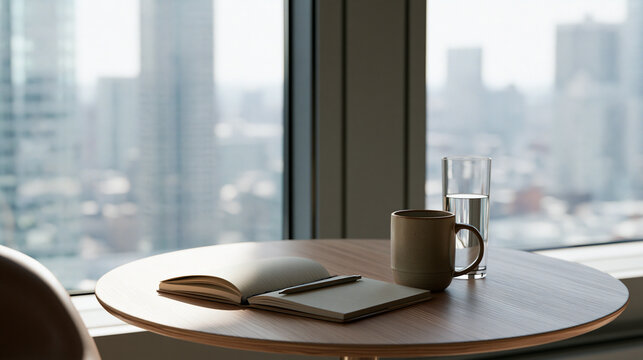 Modern Office Lounge with Wooden Table, Notebook, Coffee Mug and City Skyline View