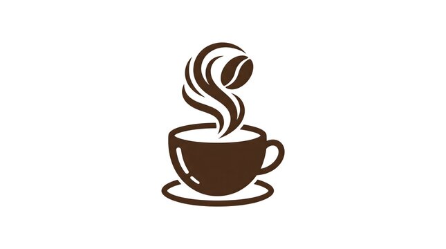 Minimalist vector illustration of a brown coffee cup with steam swirling into a coffee bean shape, isolated on a white background