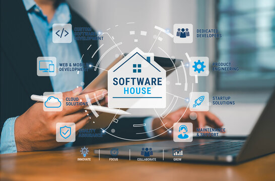 Business professional interacting with software house interface, illustrating custom software development, web and mobile solutions, cloud technology, product engineering and technical support.