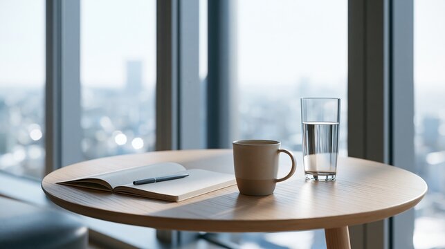 Modern Office Lounge with Wooden Table, Notebook, Coffee Mug and City Skyline View
