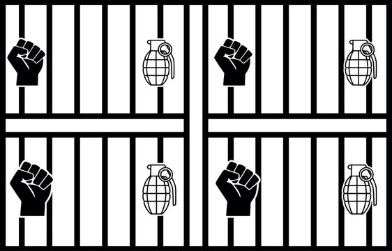 Set of prison bars and protest symbol icons, uprising and grenade graphics, and jail vector illustration