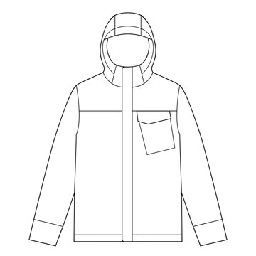 hooded single chest pocket jacket flat technical cad drawing vector template