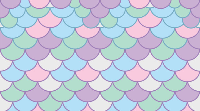 Pastel mermaid scales pattern vector, colorful fish scale background, soft rainbow sea shell texture for nursery wallpaper and fabric design