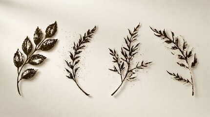 Fototapeta premium Set of four elegant dark metallic botanical leaf sprigs arranged horizontally on neutral cream paper background with generous copy space