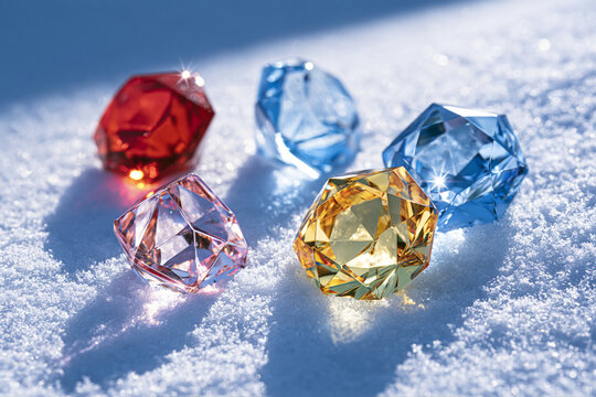 Colorful Sparkling Gemstones on Pure White Snow