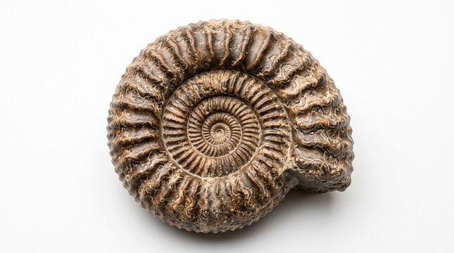 Detailed close-up of a fossilized ammonite shell showcasing intricate spiral patterns and ancient geological history isolated on a white background
