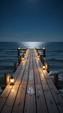 Serene wooden pier at night illuminated by glowing lanterns leading to a calm ocean under a starry sky and bright moonlight reflection.
