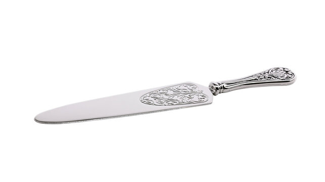 Elegant silver cake knife beautifully detailed, showcasing celebratory event concept for wedding and party occasions, isolated on transparent background