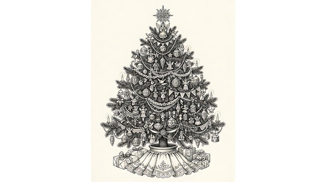 Vintage christmas tree line drawing with decorations and gifts
