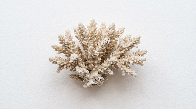 Delicate bleached white coral branch isolated on a textured white background, showcasing intricate skeletal structure and porous texture
