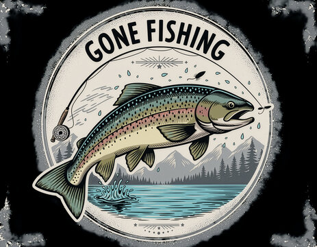 Gone Fishing Trout Mountain Lake Vintage Outdoor Design