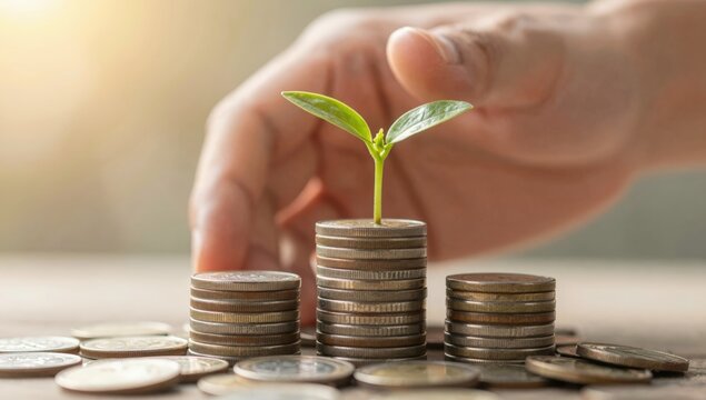 Young plant sprouting from stacks of coins protected by a cupped hand