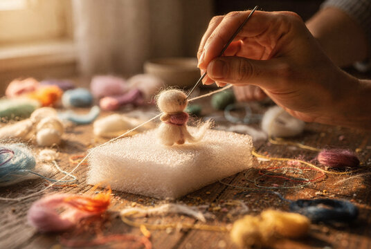 Woman's Hand Crafting Cute Wool Felt Doll