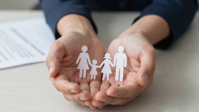 Cupped hands holding a white paper family cutout as a life insurance concept