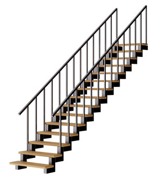 The design shows a set of stairs featuring wooden steps supported by a metal railing. The stairs are cut out and isolated on a clear background, making them visible for various uses