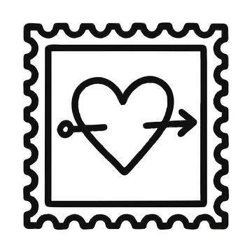 Black outline icon of a postage stamp with a heart pierced by an arrow