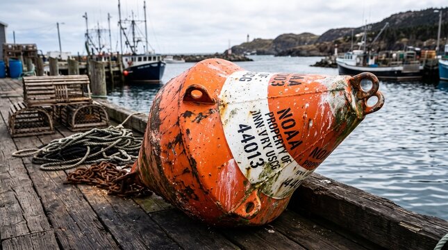 Weathered NOAA Buoy Rests on a Wooden Dock Amidst a Fishing Harbor with Lobster Traps and Boats