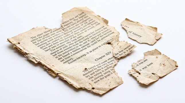 Torn aged book pages with text fragments scattered on a white background symbolizing lost memories and history
