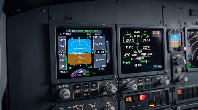 Modern Airplane Cockpit with Digital Displays Showing Flight Data Altitude Speed Engine Parameters and Controls