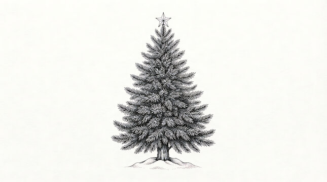 Christmas tree line drawing with star topper on white background