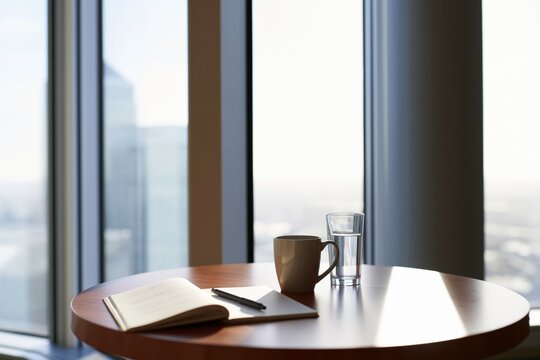 Modern Office Lounge with Wooden Table, Notebook, Coffee Mug and City Skyline View