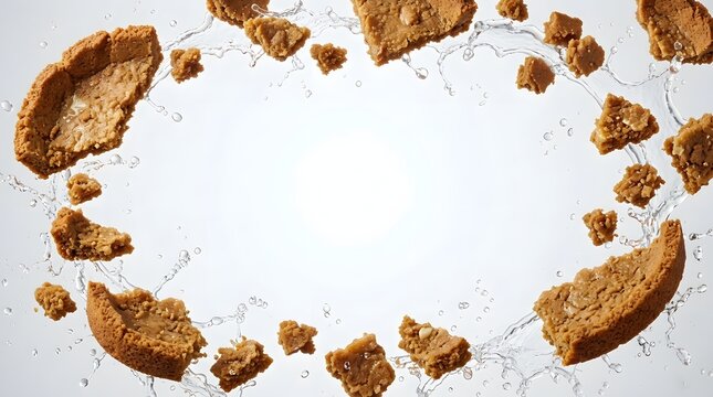 Graham cracker crust pieces splashing in water against a white background with central copy space