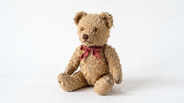 Vintage teddy bear with worn fur and a red ribbon bow sitting on a white background, evoking nostalgia and childhood memories