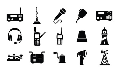 Communication Icons Set: Radio, Microphone, Headset, Antenna, Siren, Lighthouse, Morse Code, Megaphone, Tower © Taskin