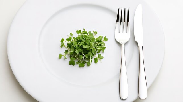 Top View of a Small Portion of Microgreens on a Bright White Large Plate with Fork and Knife, Minimalist Molecular Gastronomy Concept, Microgreens, Minimalist Plating, Portion Control, Fine Dining, Cu