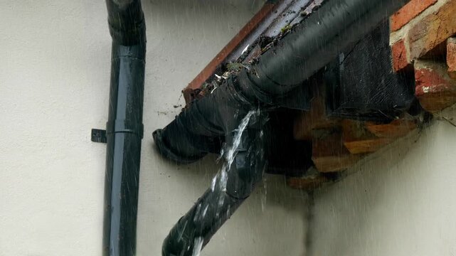 Closeup of a blocked and leaking section of plastic gutter on part of a building, during rainfall, with a stream of water flowing from a failed joint.