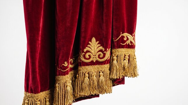 Luxurious deep red velvet curtains with ornate gold embroidery and fringe detail isolated on white background