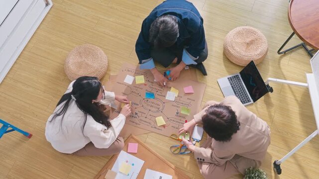 Business Asian team creating project mind map with colorful sticky notes