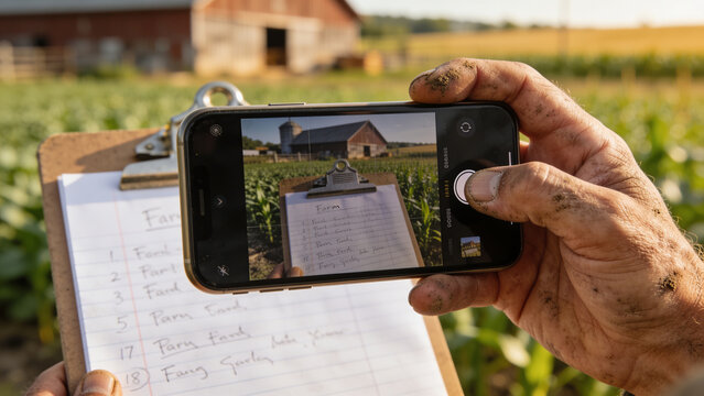 Hands hold a smartphone to capture data in a field during digital farming activities