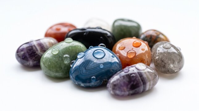 Assortment of polished tumbled gemstones with water droplets on a clean white background