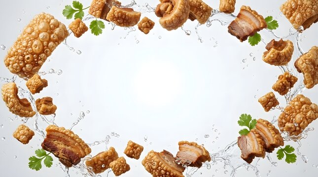 Crispy fried pork rinds and fresh cilantro splashing in water with a central copy space area