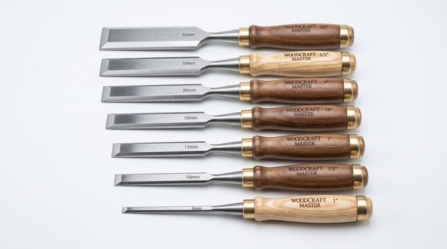 Set of woodworking chisels with wooden handles and metal ferrules arranged neatly on a white background