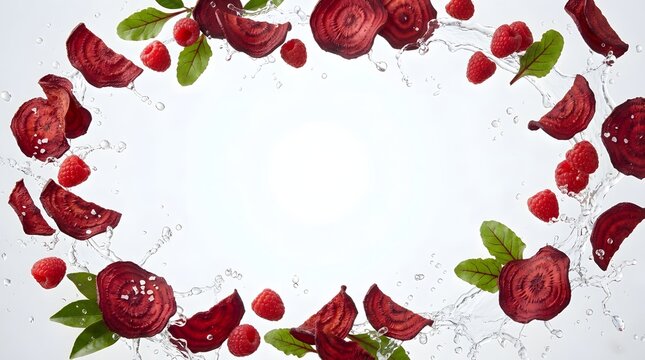 Fresh beetroot slices and raspberries floating with water splashes on a white background with copy space