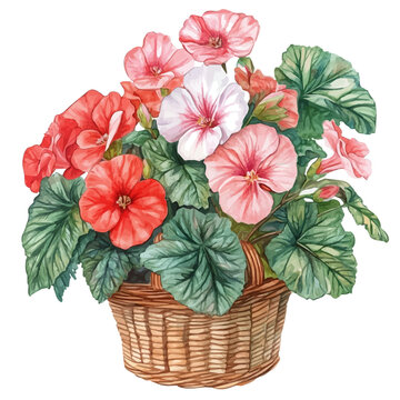 Begonia Bouquet In A Basket, vibrant painting vector in watercolor style with playful brushwork and lively colors, isolated on a white background.