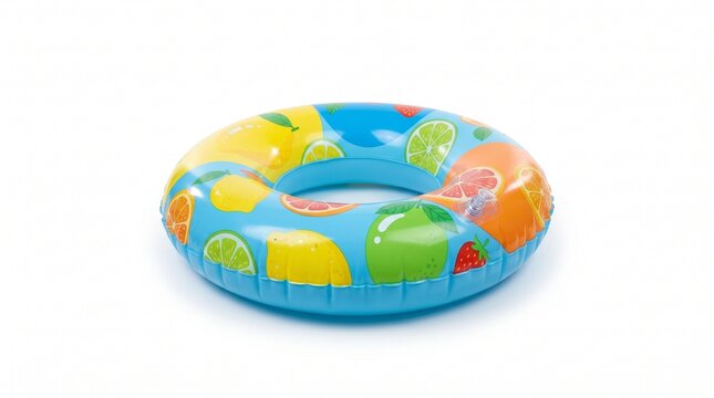 Vibrant inflatable swimming ring with a colorful fruit pattern featuring lemons limes oranges and strawberries isolated on white