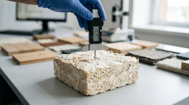 Materials Engineer Measuring Density of Porous Thermal Insulation Block with Digital Meter