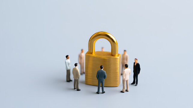 Miniature figures of business people stand around a large golden padlock symbolizing corporate security, data privacy, and team protection