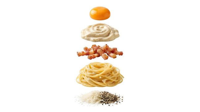 Exploded view of carbonara pasta ingredients including spaghetti, egg yolk, guanciale, and cheese