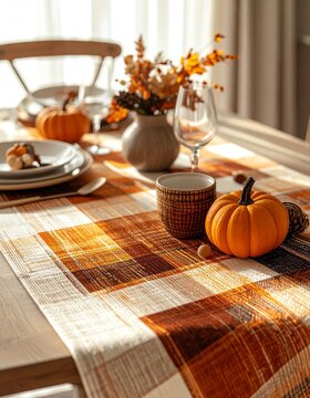 Warm Plaid Table Runner with Autumnal Decor