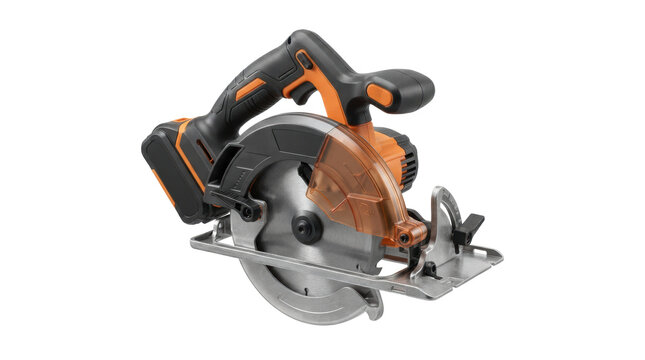Cordless circular saw with black and orange body, isolated on white background