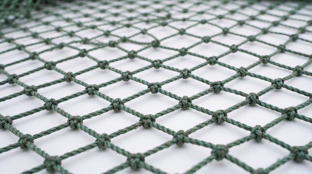 Close up of a green fishing net with diamond shaped holes and intricate knots, isolated on a white background
